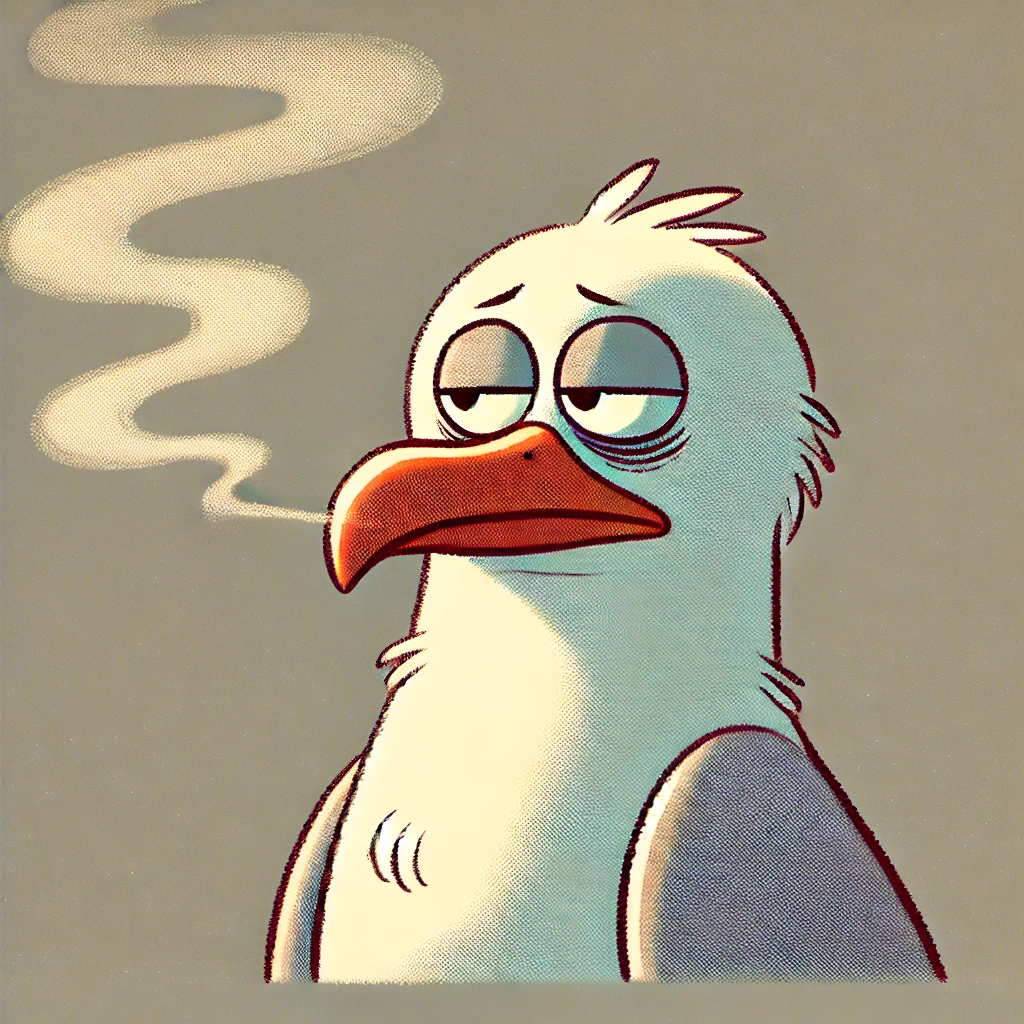 A tired cartoon seagull with steam emanating from its closed beak.